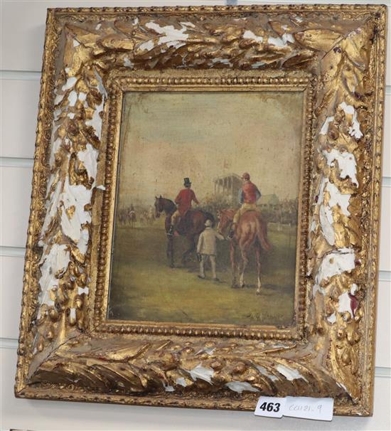 William Joseph Shayer (1811-1892), oil on board, Jockey approaching the start, signed, 25 x 20cm